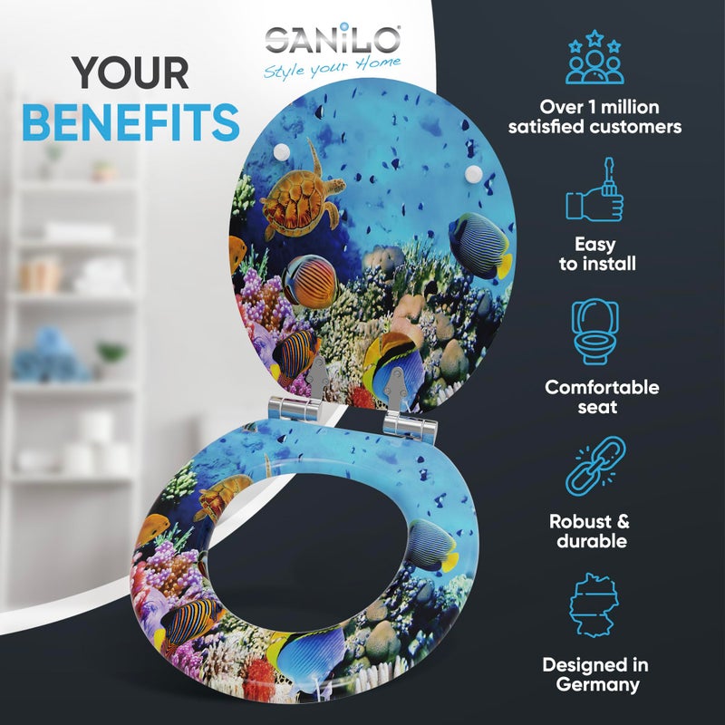 SANILO Wooden Toilet Seat with Soft Close [ROUND] - Decorative, Quiet & Slow Close Molded Wood Seat - With Strong Bumpers & Hinges - Adjustable Fit â€“ Ocean - Image 2